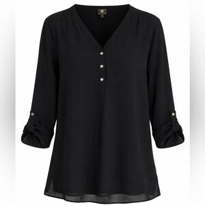 JM Collection Black Semi-Sheer‎ Blouse | Size L | Roll-Tab Sleeves